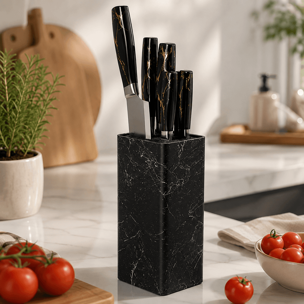 A black marble-look knife block holding several knives with black handles and gold marbling, placed on a white marble kitchen countertop with tomatoes, a potted plant, and a wooden cutting board in the background.