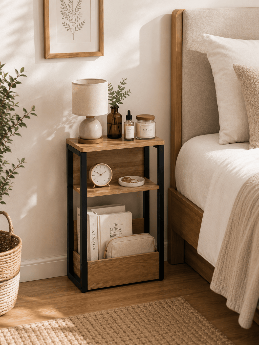 2 tiered SozoHaus wooden Side Table in the bedroom with products on it