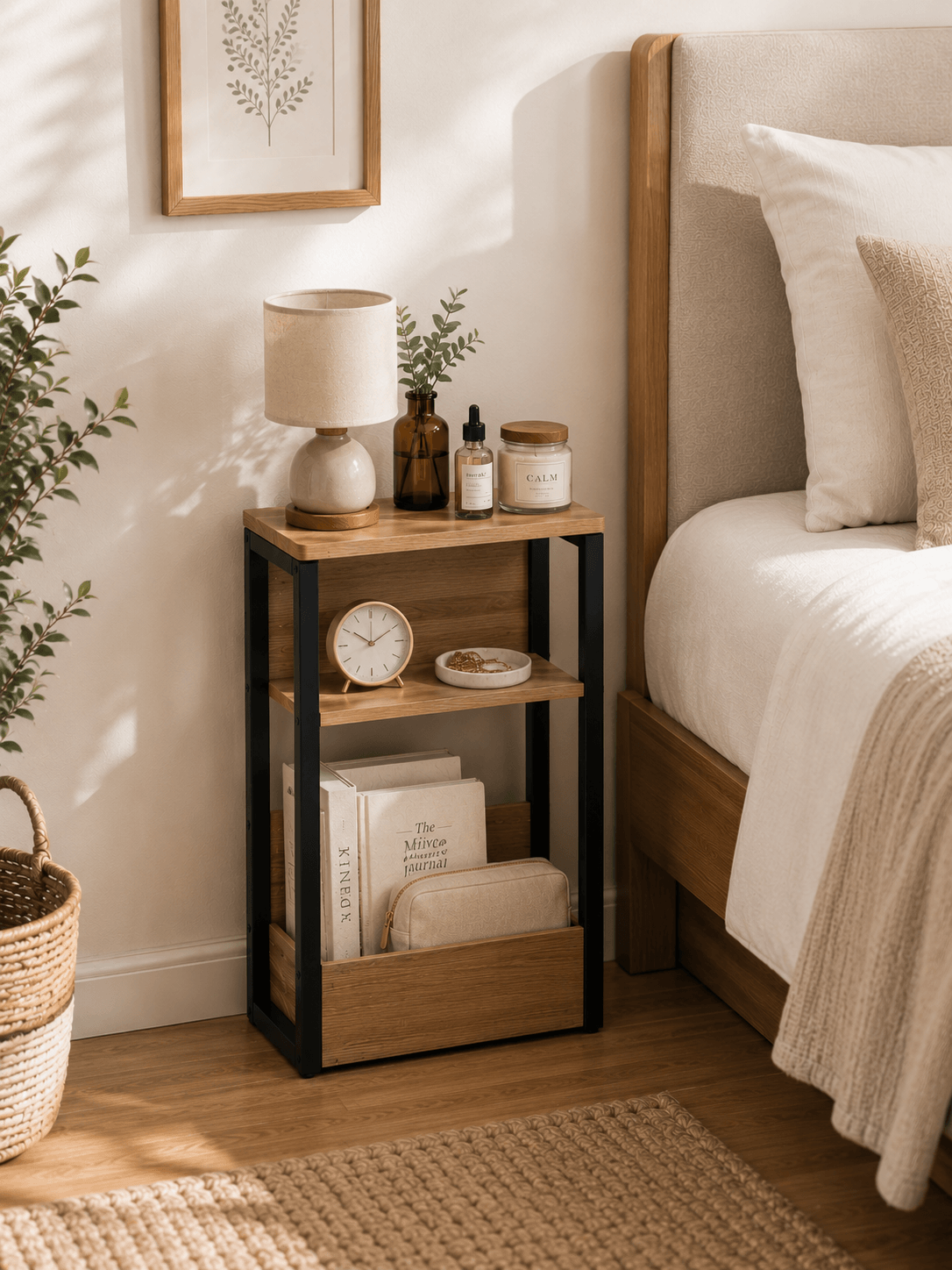 2 tiered SozoHaus wooden Side Table in the bedroom with products on it