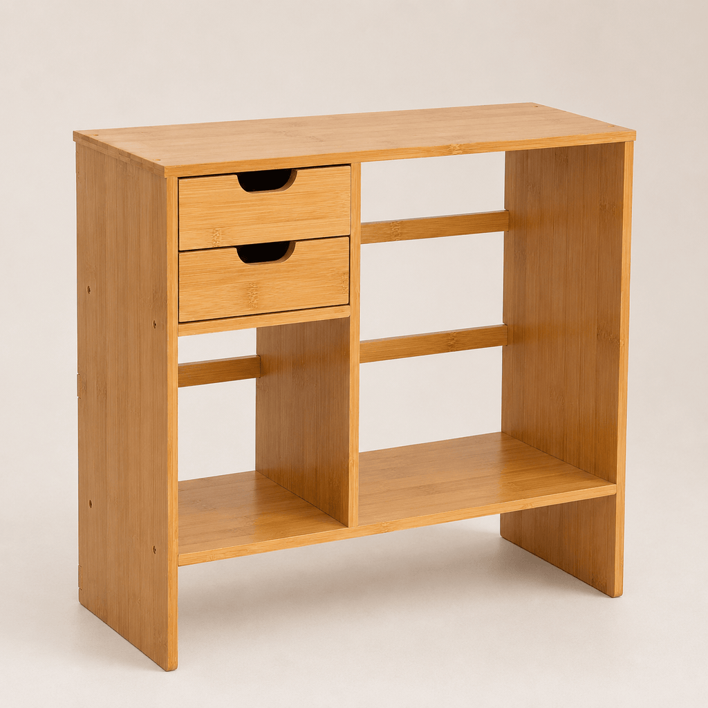 A light natural wood storage organiser with two drawers, open shelves, and a wicker basket, styled on a desk in a bright room with books, notebooks, a mug, and small plants.