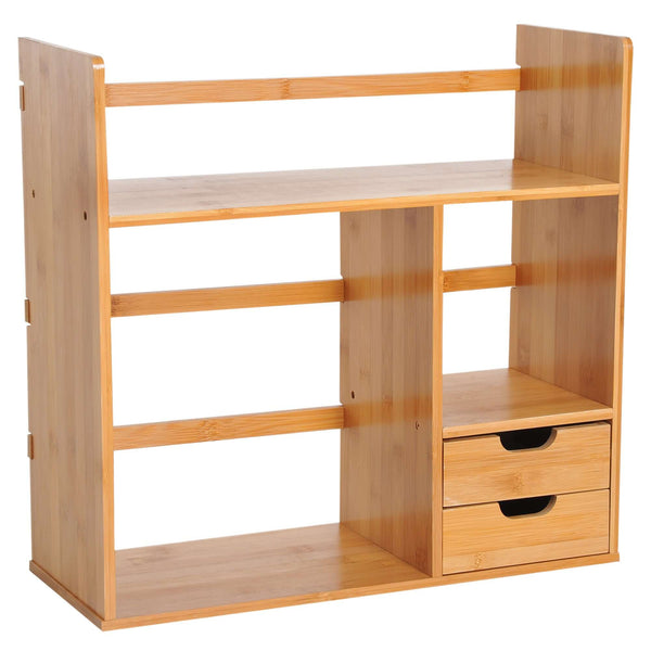 Bamboo desk organiser bookshelf featuring 2-tier design, cube compartments, and drawers for storage.