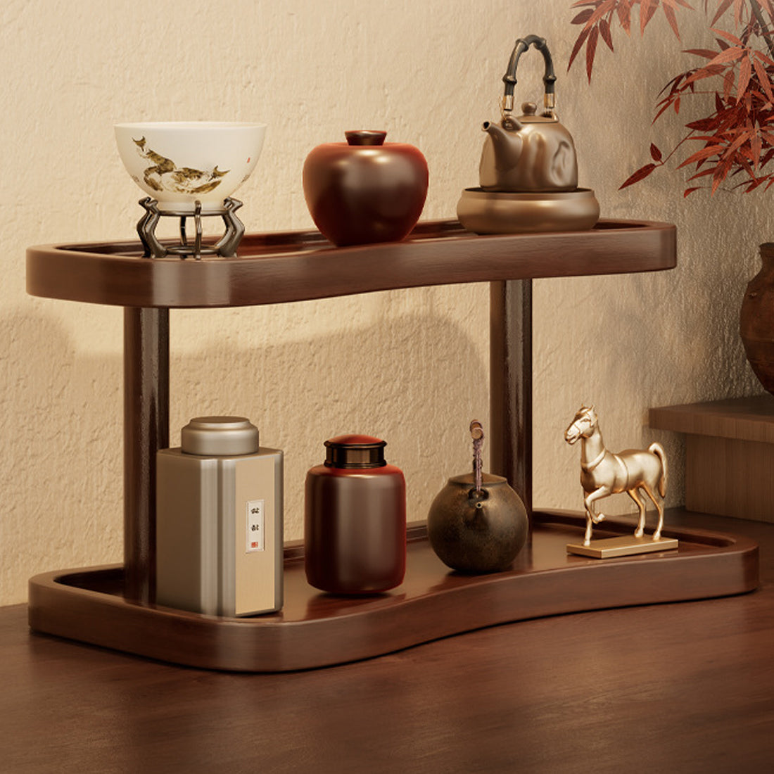 Wooden tray with tea-making accessories including a teapot, cups, and a tea canister on a wooden surface.