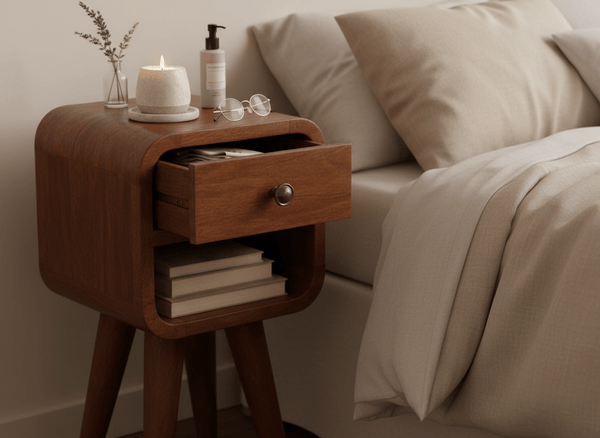 Front view of the handcrafted dark-walnut coloured sozohaus wooden nightstand 
