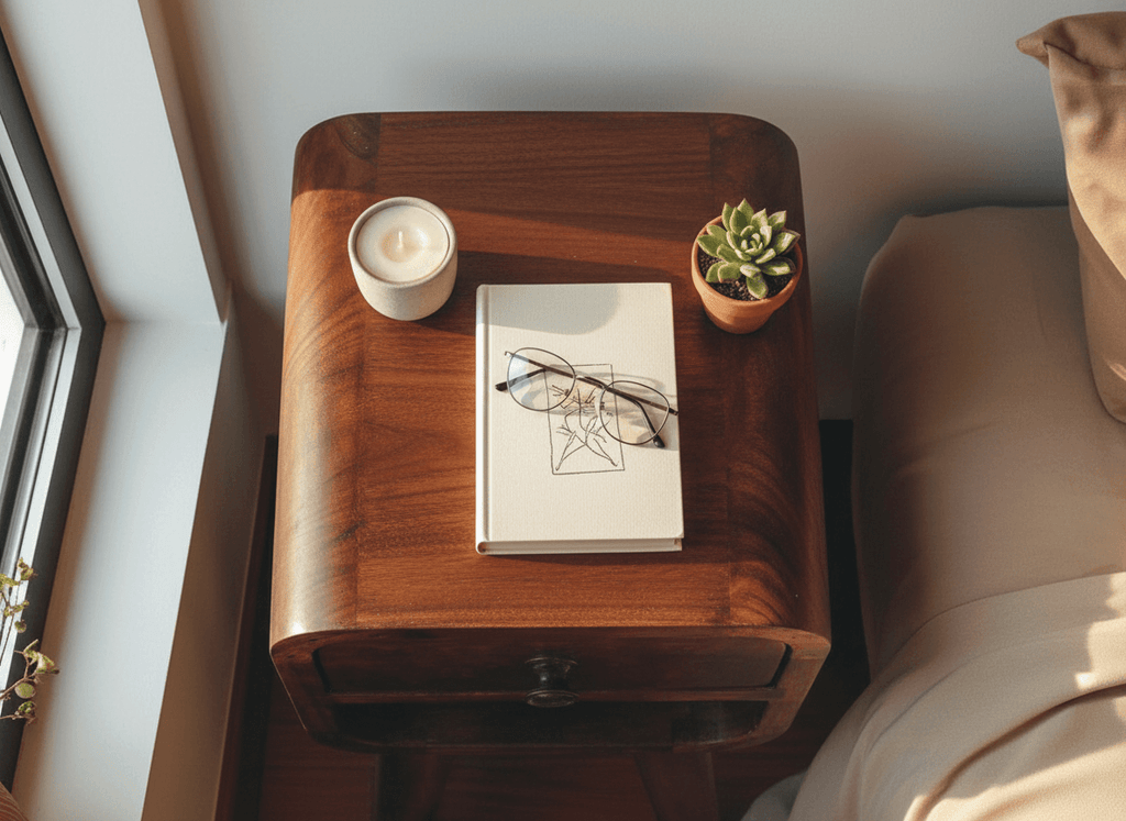 Birds Eye view of the handcrafted dark walnut coloured sozohaus wooden nightstand 